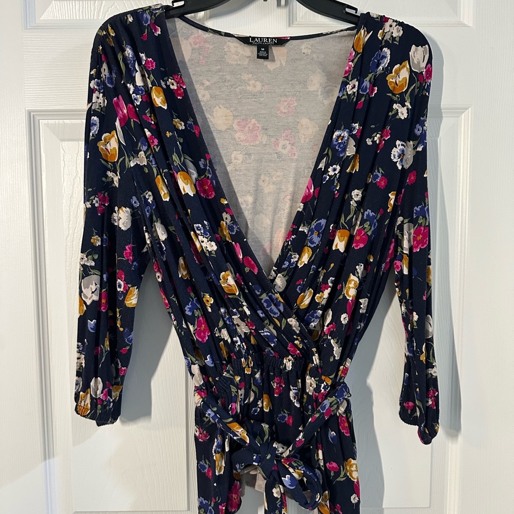 LAUREN Ralph Lauren Floral Jersey Wrap Top - Navy Multi